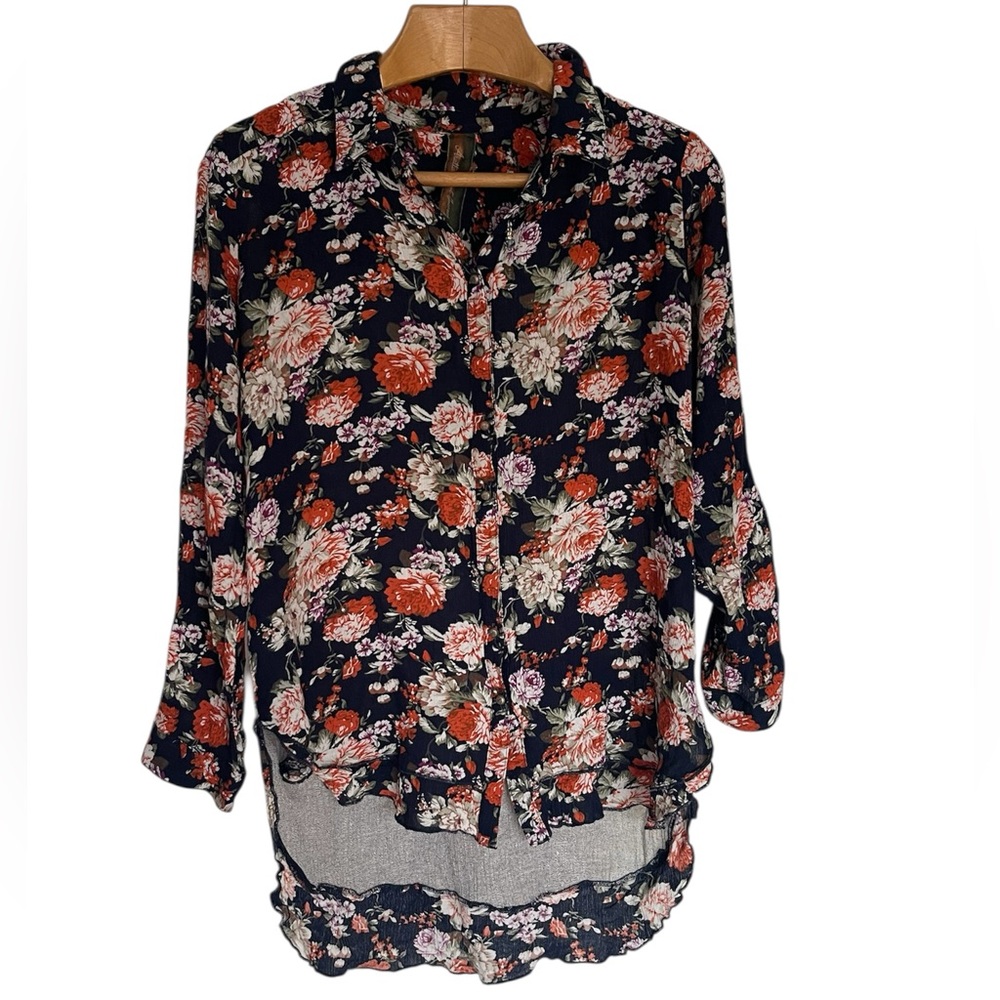 Aratta Silent Journey Floral Embroidered Shirt Womens M Blue Bohemian Boho